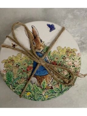 Peter Rabbit Coaster Set Easter Bunny Ceramic Stone Beatrix Potter Cork Back NEW